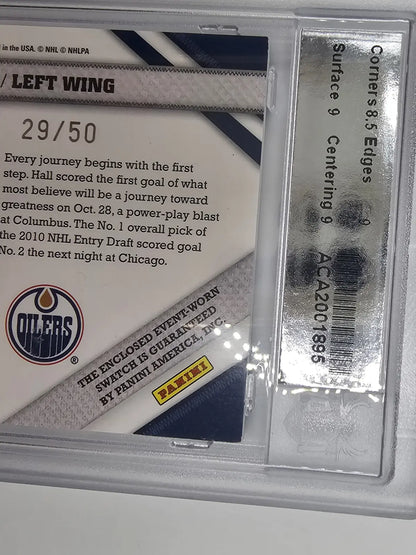 Taylor Hall Oilers Pinnacle Threads 2011-12 Jersey Limited 29/50 Graded ACA 8.5