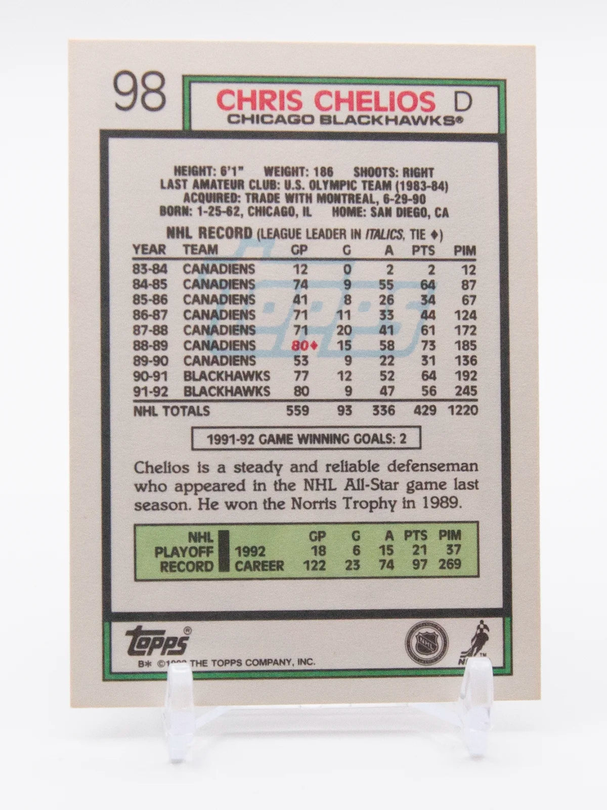 Chris Chelios Blackhawks Topps 1992-93 #98