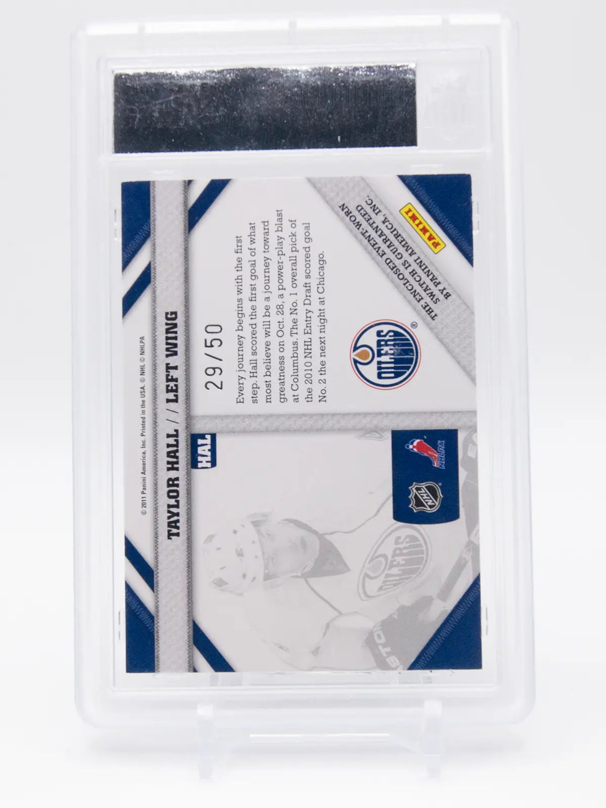 Taylor Hall Oilers Pinnacle Threads 2011-12 Jersey Limited 29/50 Graded ACA 8.5