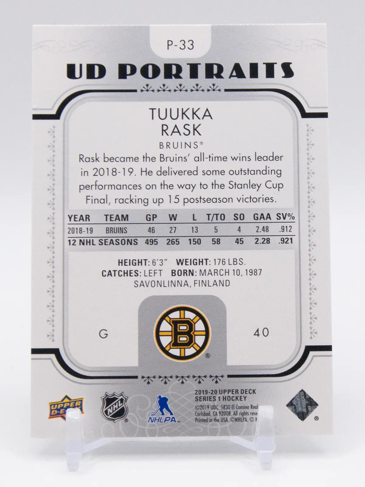 Tuukka Rask Bruins Upper Deck UD Portraits 2019-20 #P-33