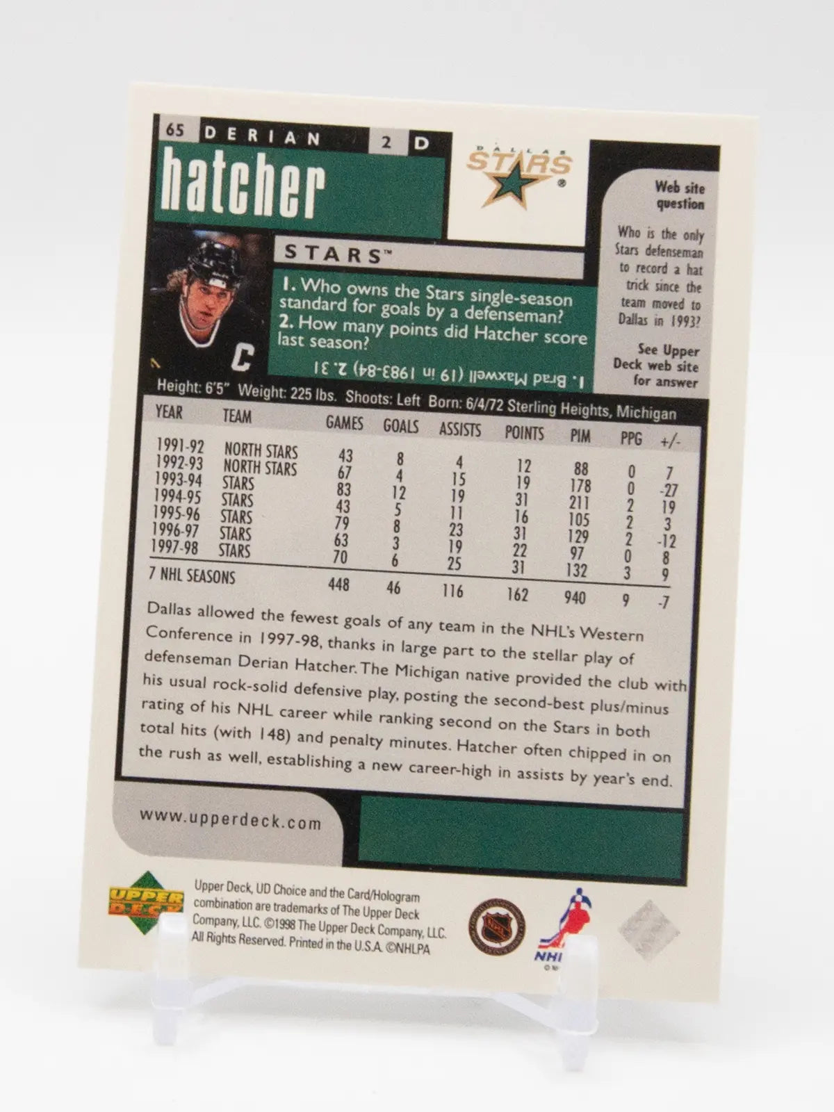 Derian Hatcher Stars Upper Deck Choice 1998 #65