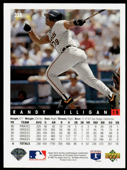 Randy Milligan Orioles Upper Deck 1992 #228