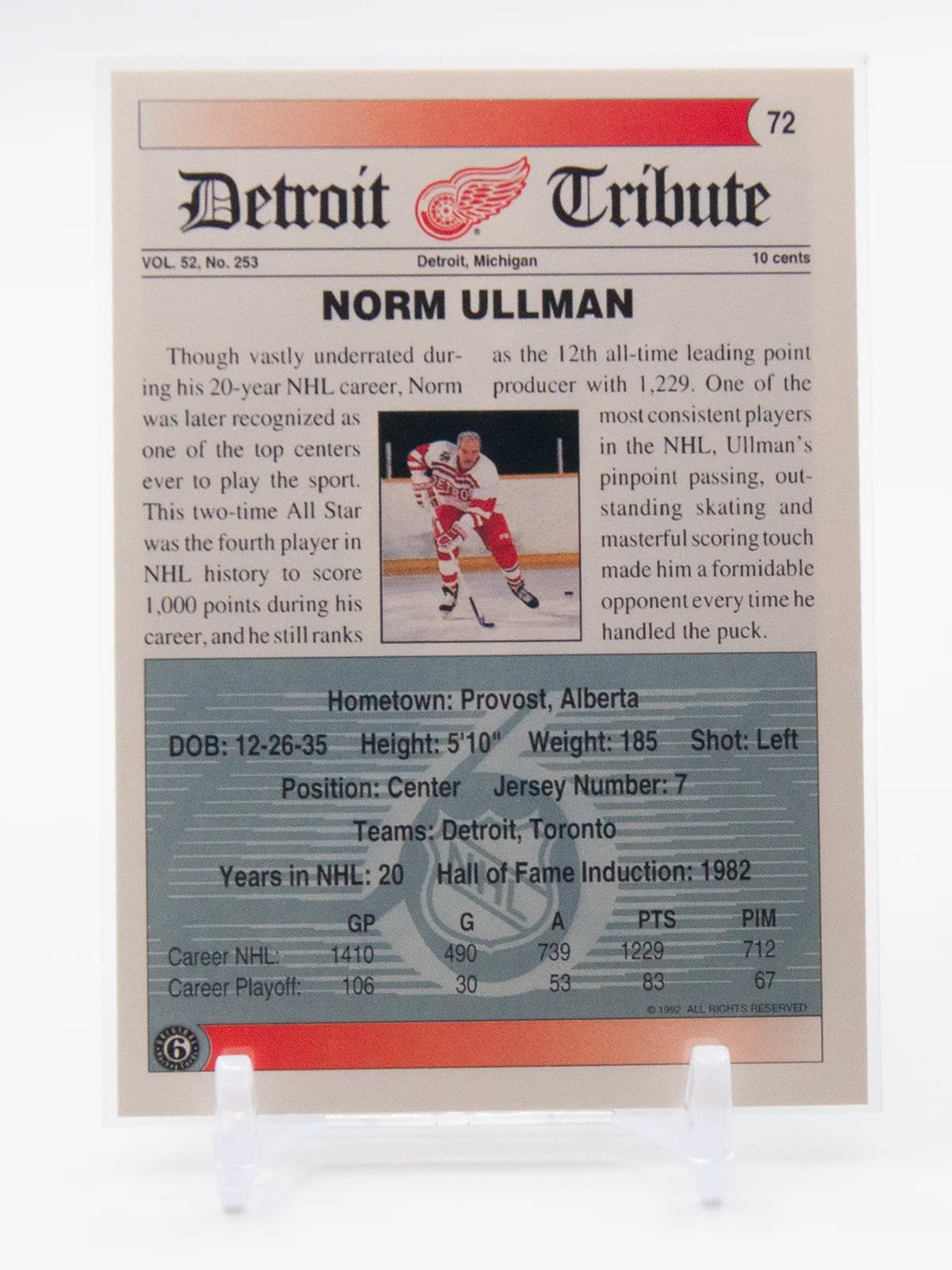 Norm Ullman Red Wings Ultimate Original 6 1992 #72