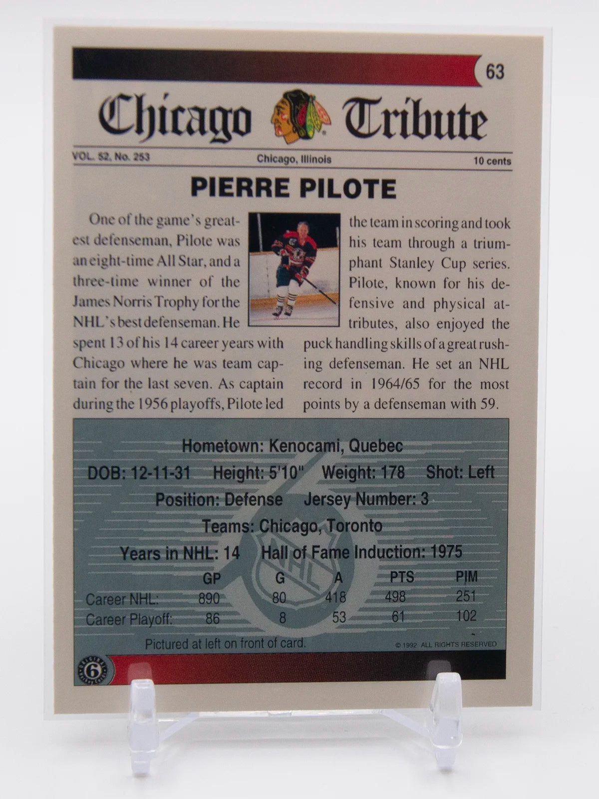 Pierre Pilote Blackhawks Ultimate Original 6 1992 #63