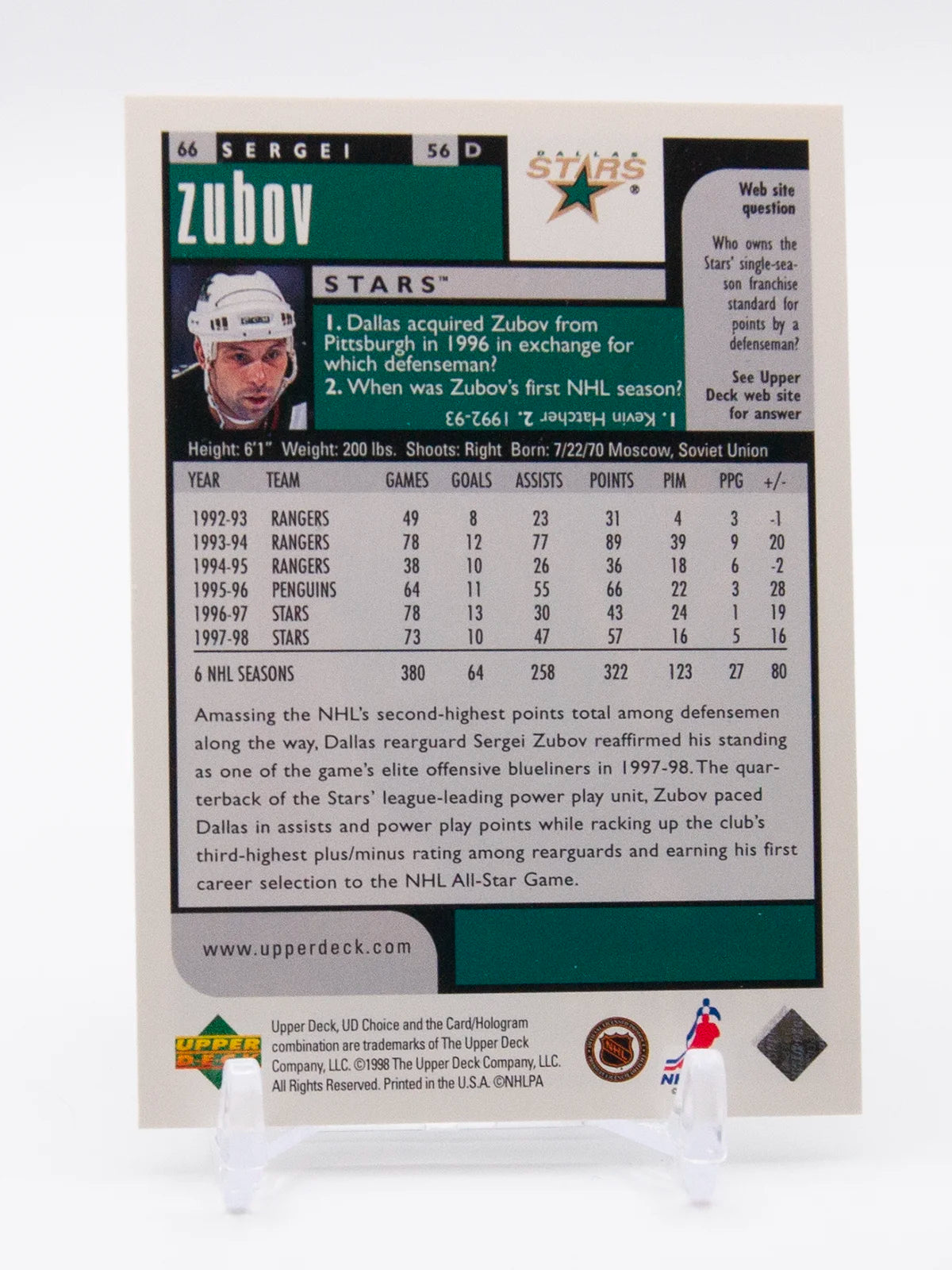 Sergei Zubov Stars Upper Deck Choice Reserve Holographic 1998-99 #66