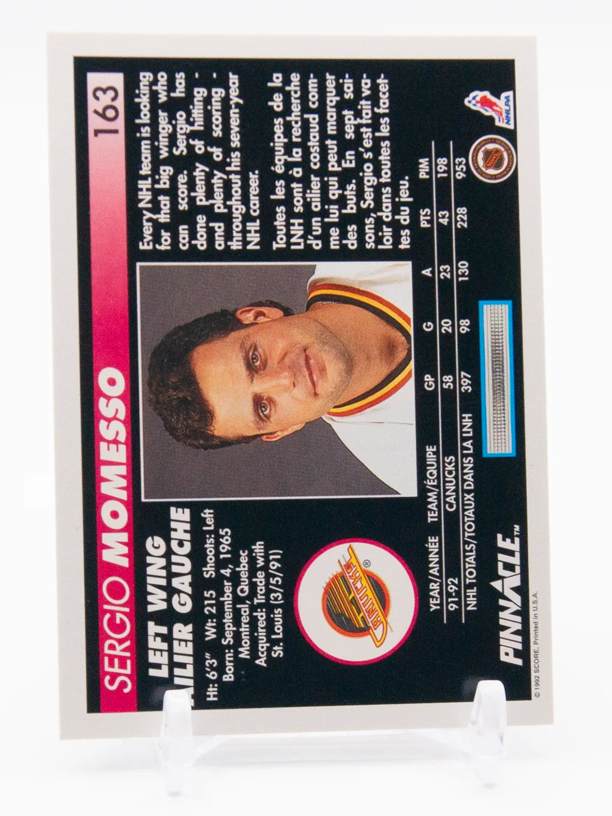 Sergio Momesso Canucks Pinnacle 1992-93 #163