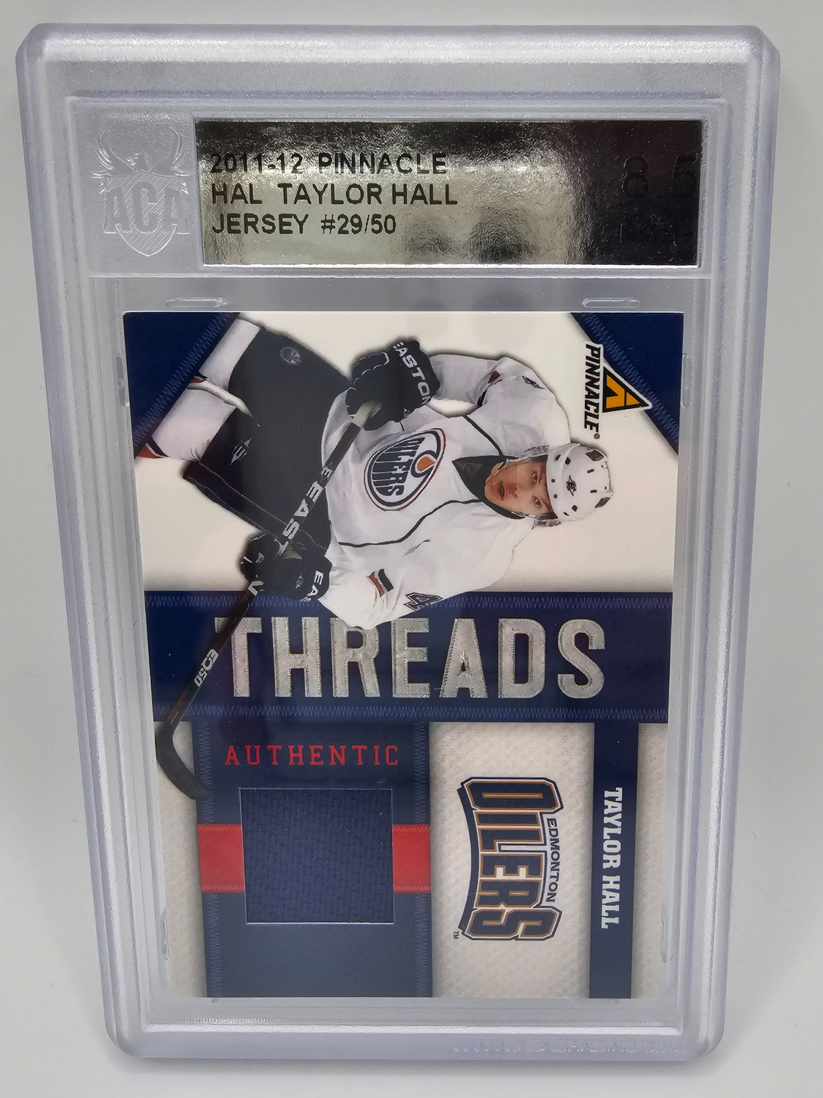 Taylor Hall Oilers Pinnacle Threads 2011-12 Jersey Limited 29/50 Graded ACA 8.5