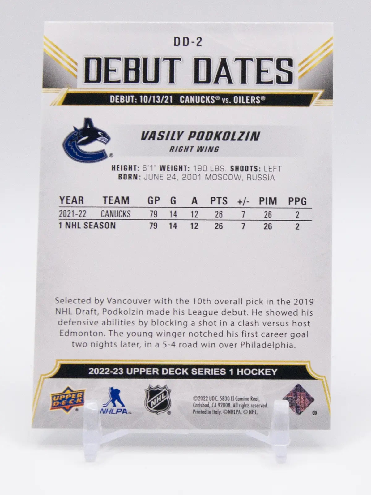 Vasily Podkolzin Canucks Upper Deck 2022-23 Rookie #DD-2